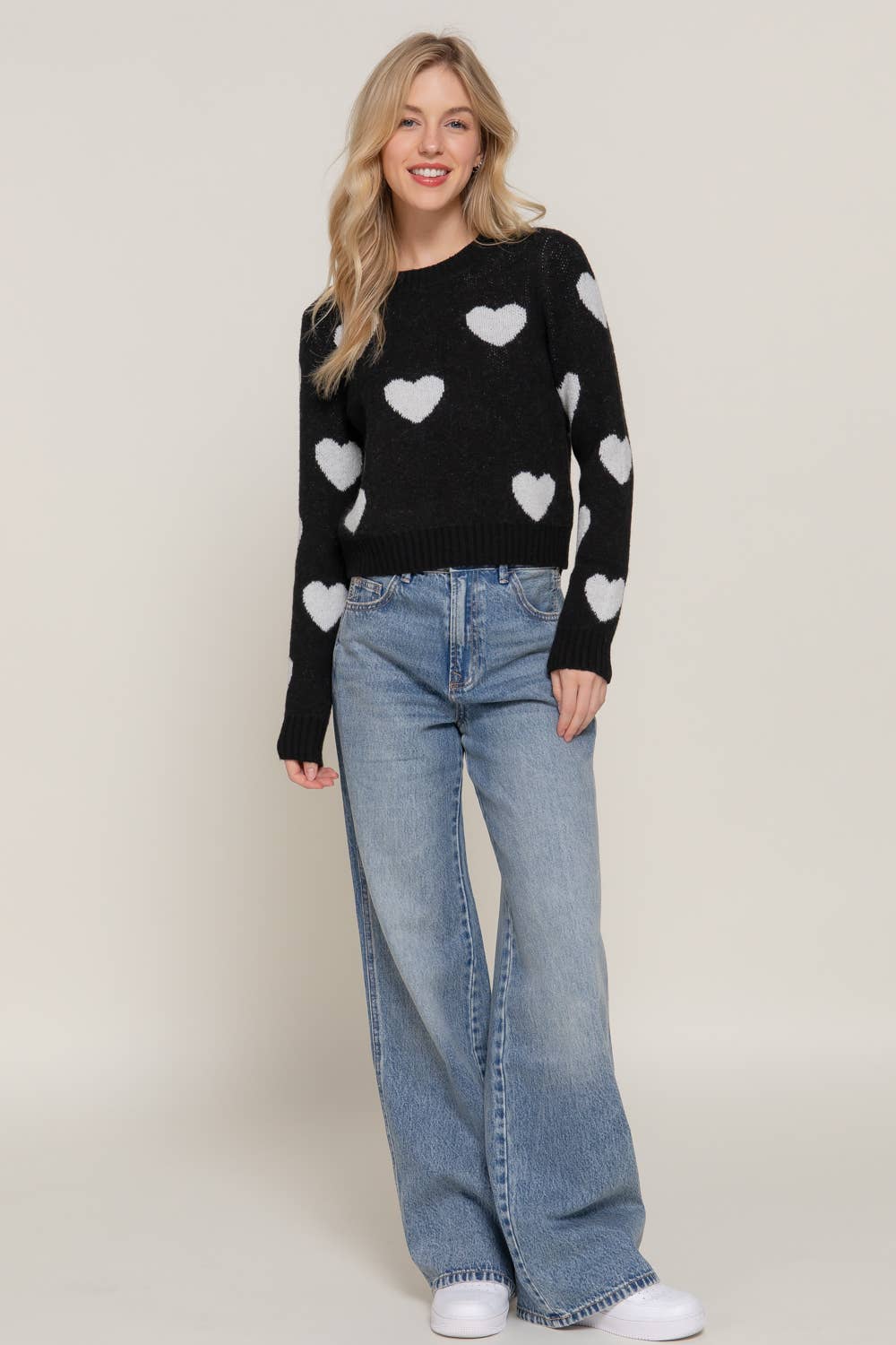 Long Sleeve Round Neck Heart Jacquard Sweater : BLK-black/white / M