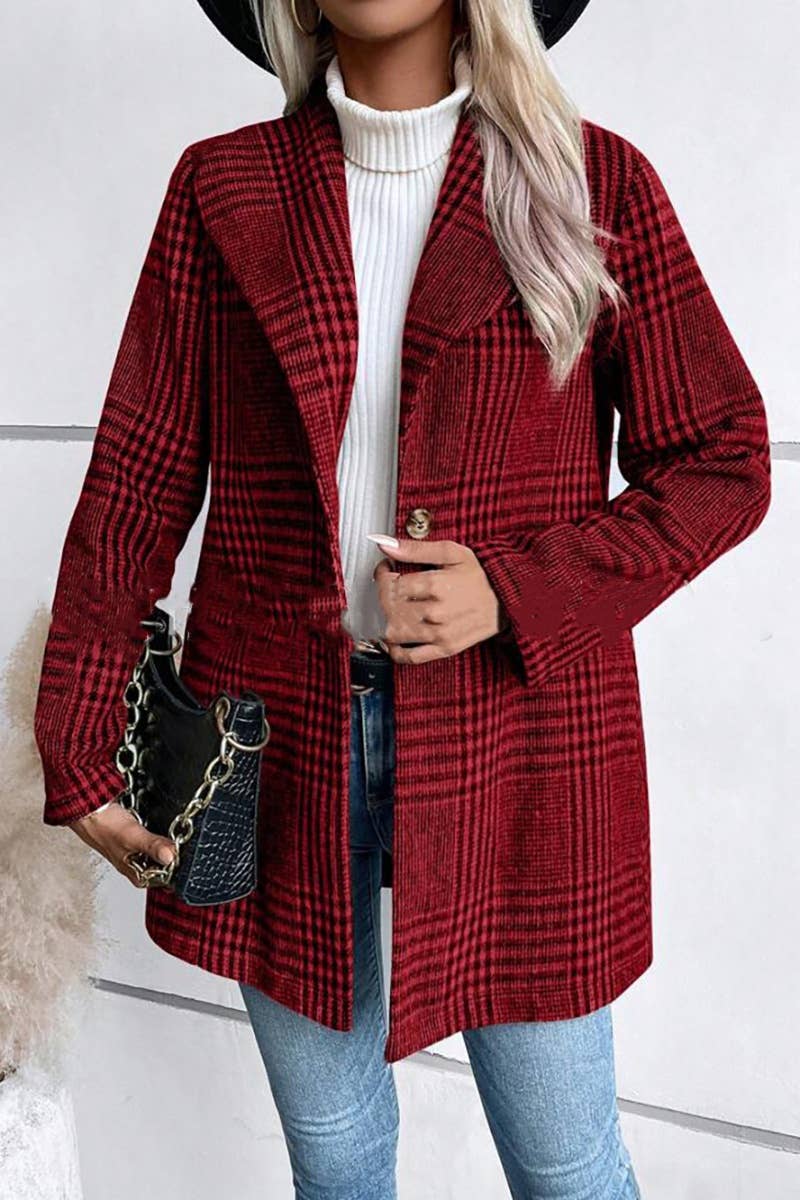 CWOCO0263_AUTUMN-WINTER FASHION LAPEL WOOL PLAID COAT: APRICOT / (L) 1