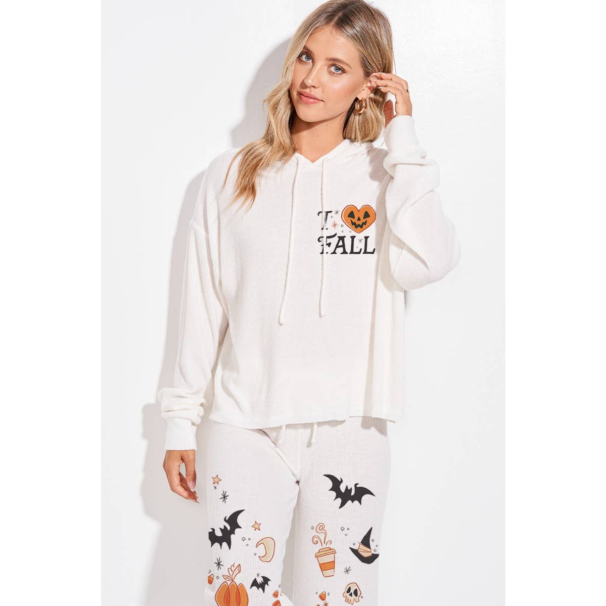 Halloween print rib Hoodie loungewear set p: IVORY / M