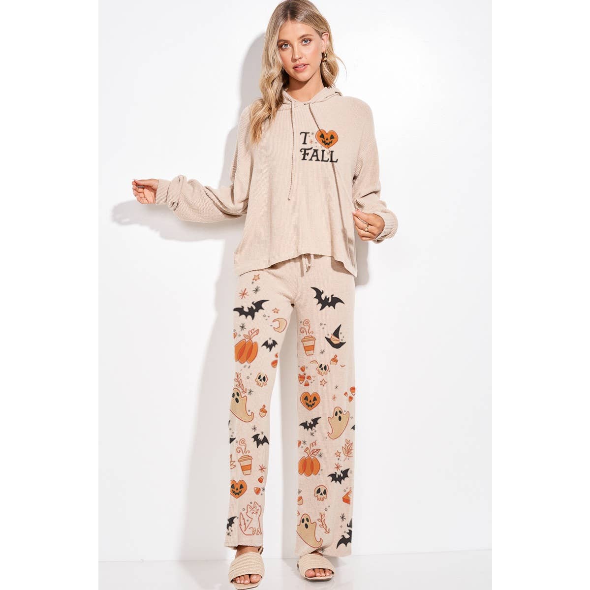 Halloween print rib Hoodie loungewear set p: IVORY / M