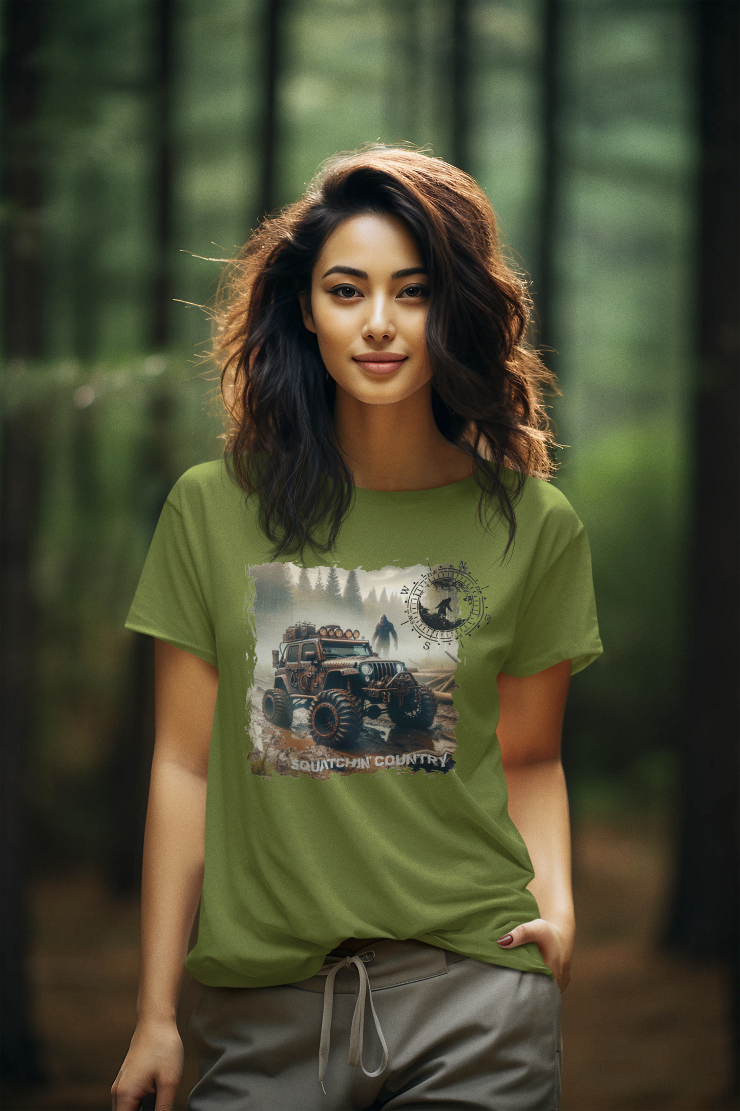 Rustic Bigfoot Jeepin Squatchin' Country t-shirt: Military green / 2X / Long sleeve