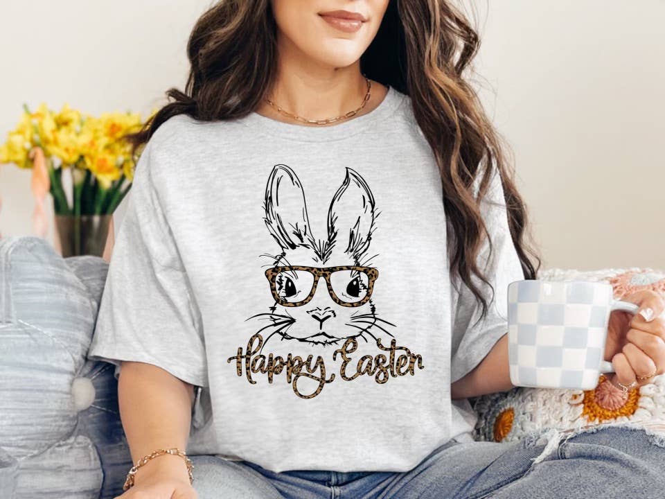 Happy Easter Bunny with Glasses: Ash Grey / Sublimation / Medium