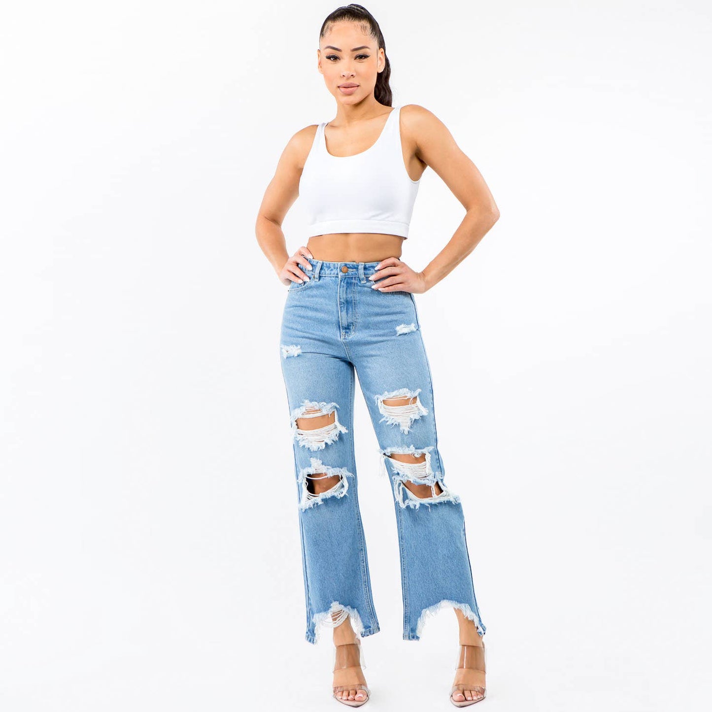 HIGH WAIST DISTRESSED WIDE LEG JEANS-RJH5509: BLUE / 1