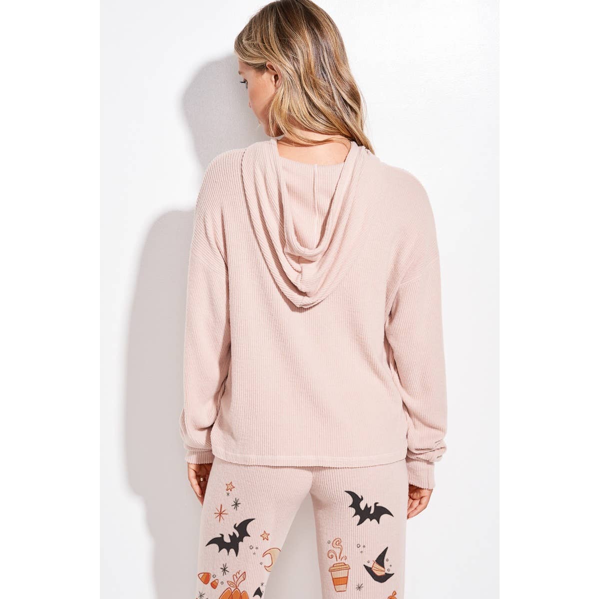 Halloween print rib Hoodie loungewear set p: IVORY / L