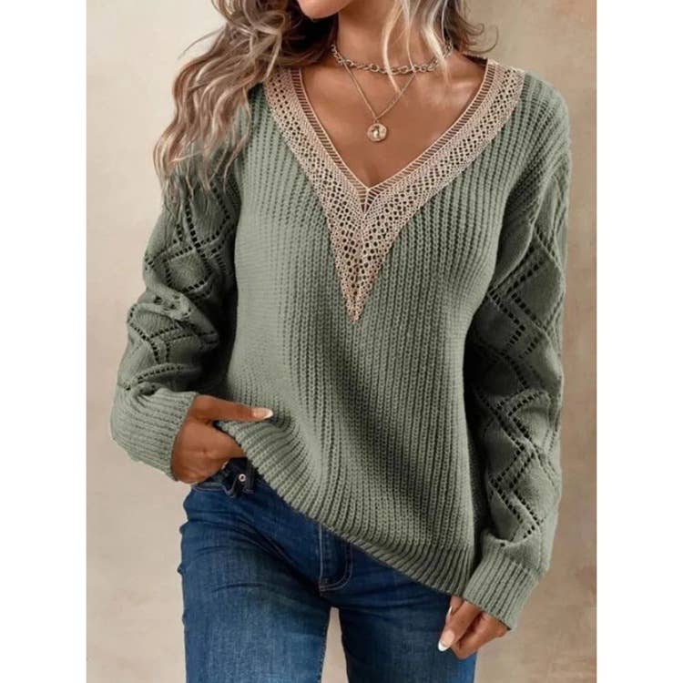 CWOSWL1370_V-Neck Casual Long Sleeve Pullover Sweater: IVORY / (L) 1