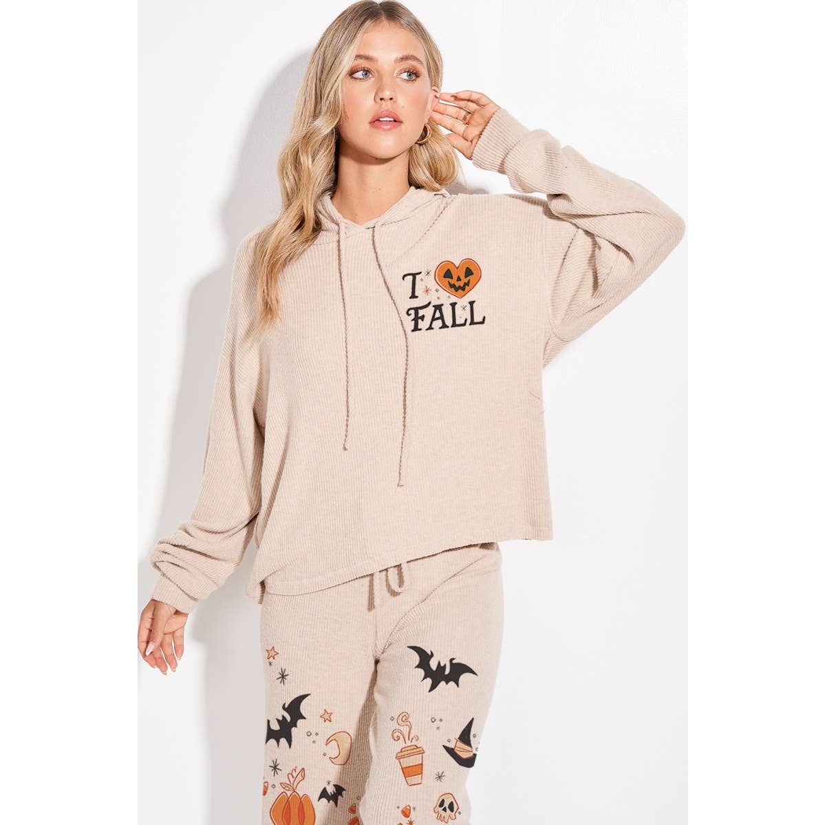 Halloween print rib Hoodie loungewear set p: IVORY / L