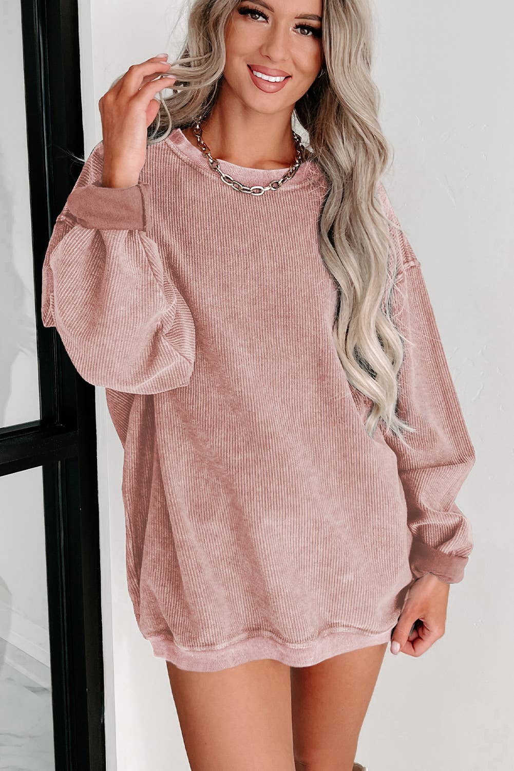 Solid Ribbed Knit Round Neck Pullover Sweatshirt: Black / 100%Polyester / XL