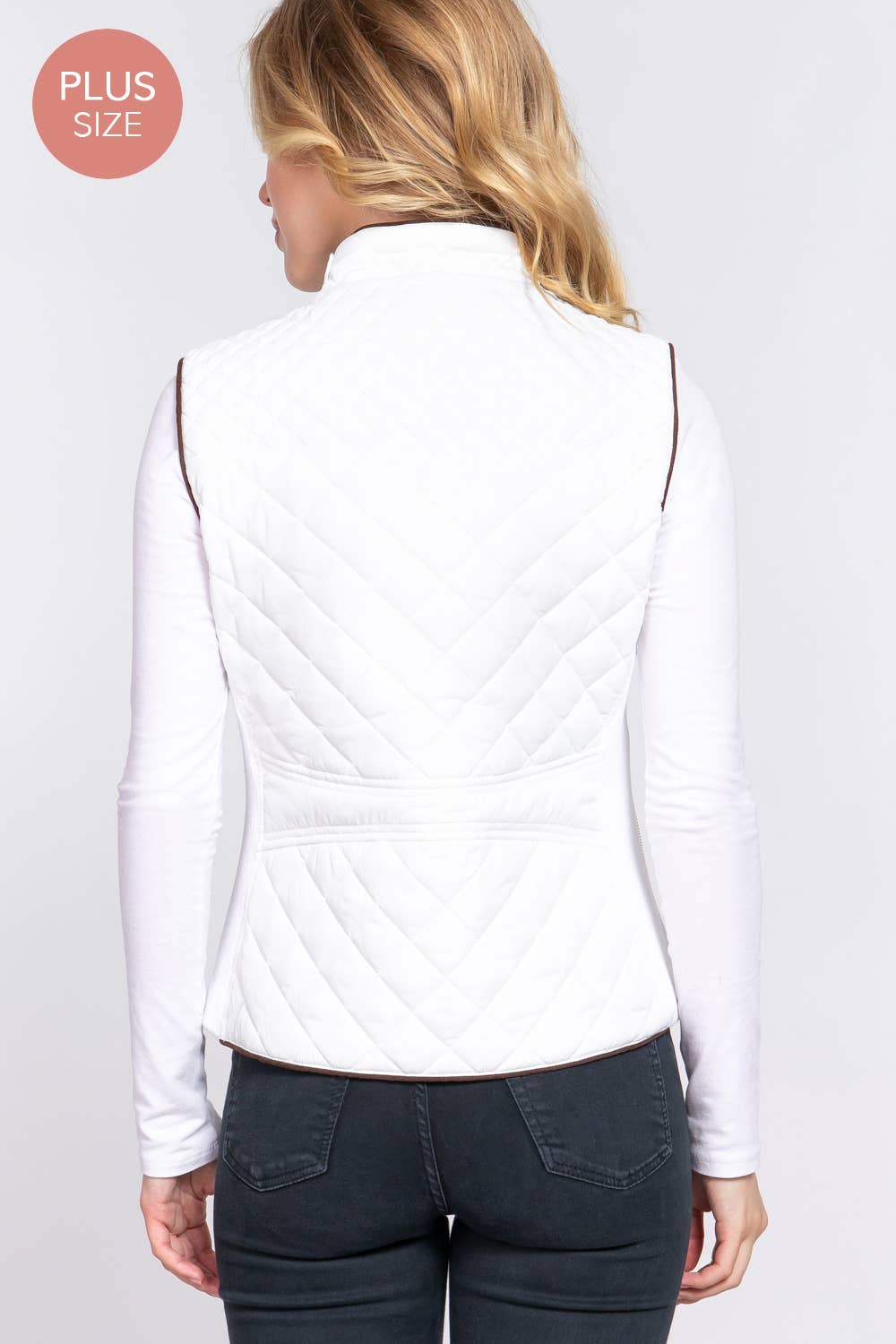 Suede Piping Quilted Padding Vest: WHT-white / 2XL