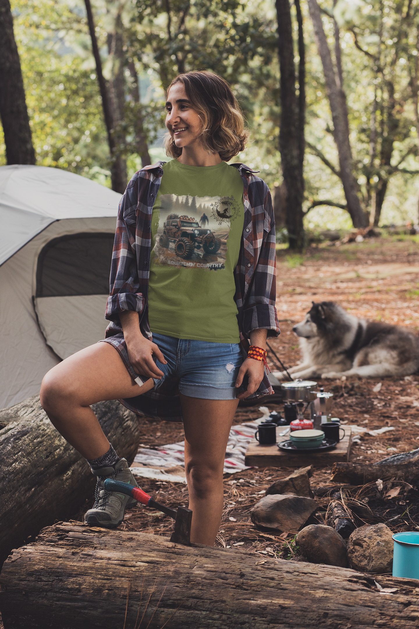 Rustic Bigfoot Jeepin Squatchin' Country t-shirt: Military green / 3X / Long sleeve