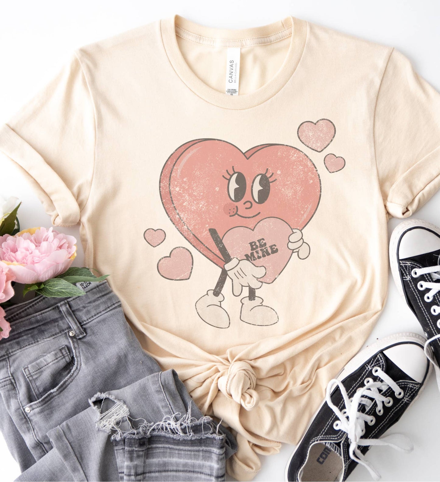 Be Mine Candy Heart Valentine Tee Vintage Smiley Vday TShirt: Peach / Small Unisex