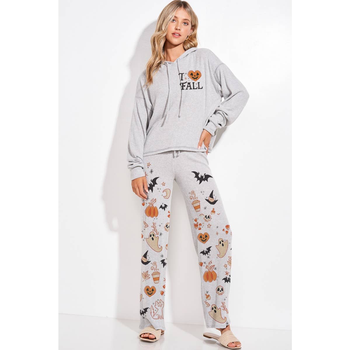 Halloween print rib Hoodie loungewear set p: IVORY / M
