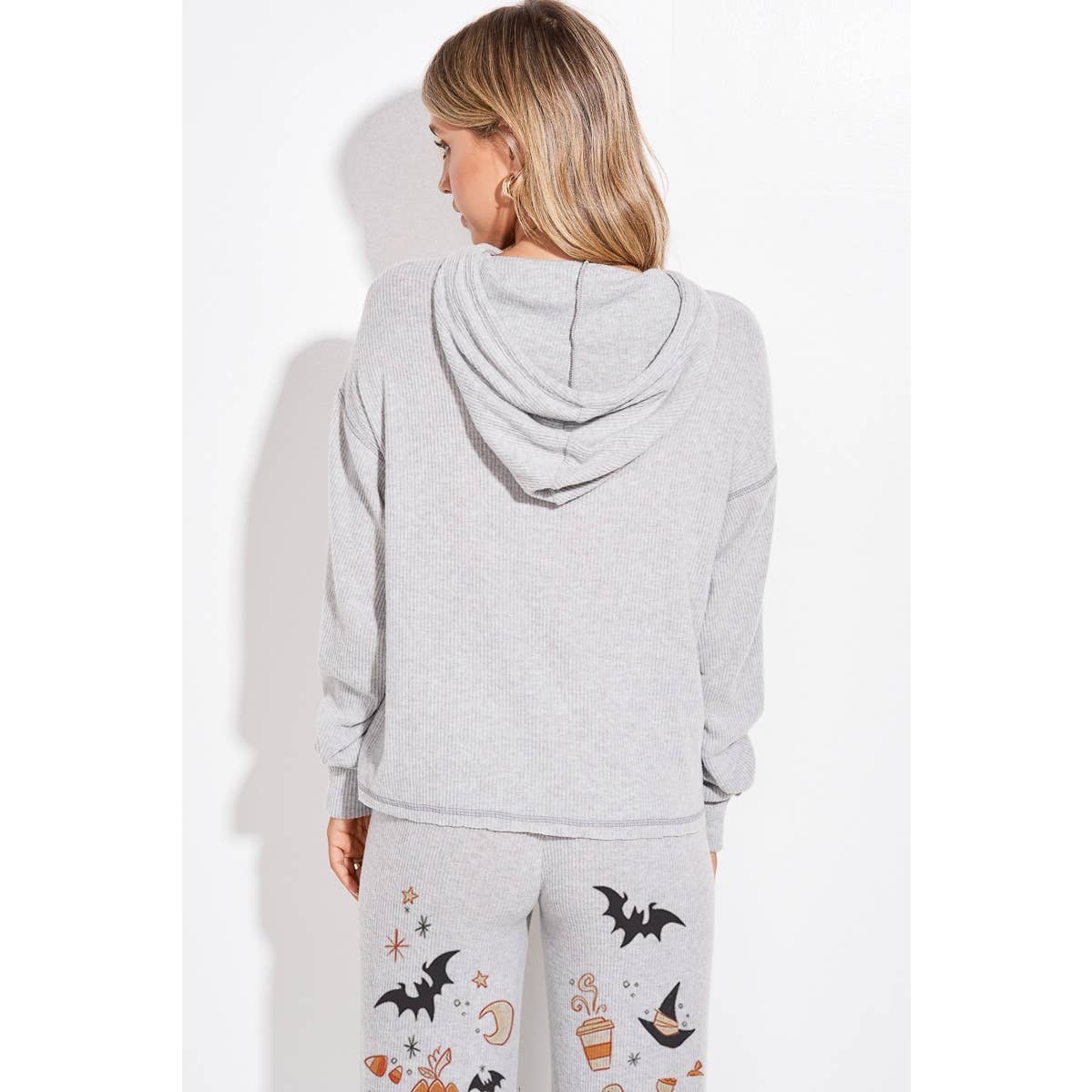 Halloween print rib Hoodie loungewear set p: IVORY / M