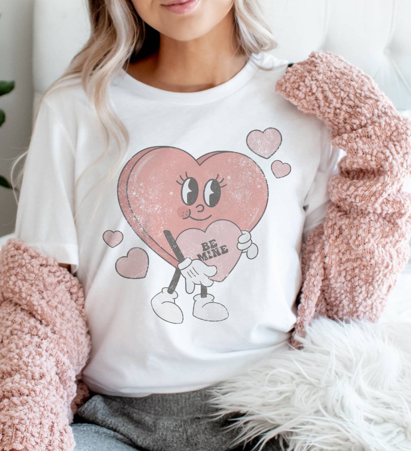 Be Mine Candy Heart Valentine Tee Vintage Smiley Vday TShirt: Peach / Med Unisex