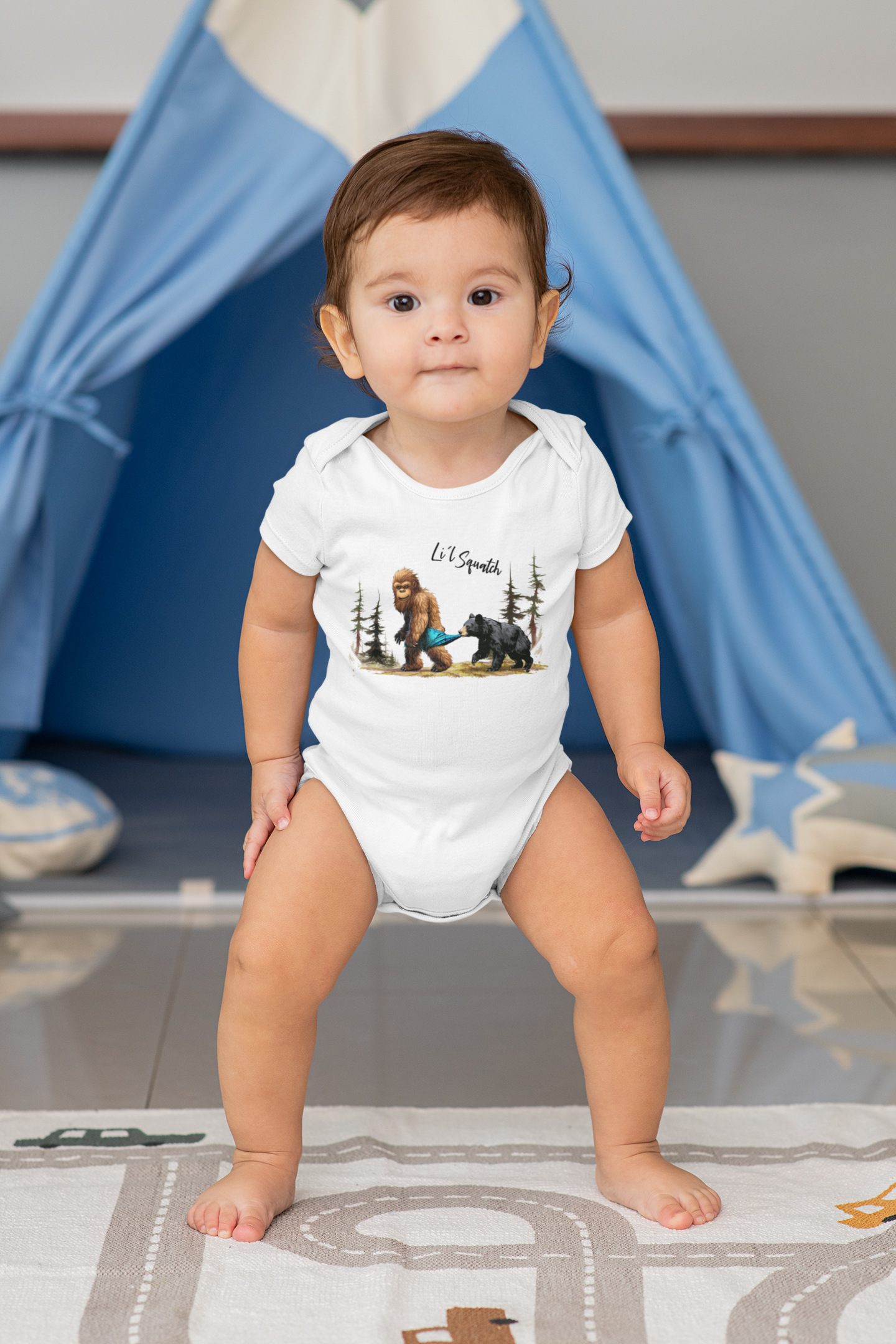 Li'l Squatch & bear one piece bodysuit onesie for babies: White / 3-6 mo