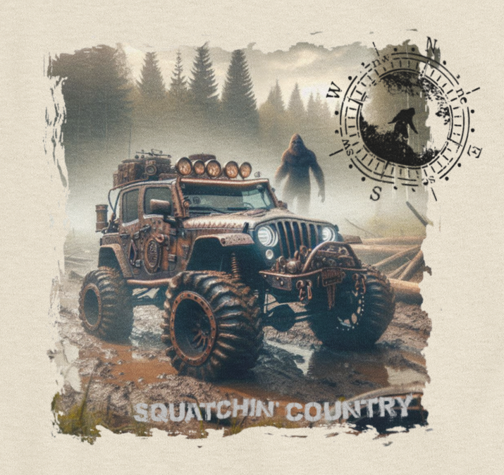 Rustic Bigfoot Jeepin Squatchin' Country t-shirt: Military green / Sm / Long sleeve