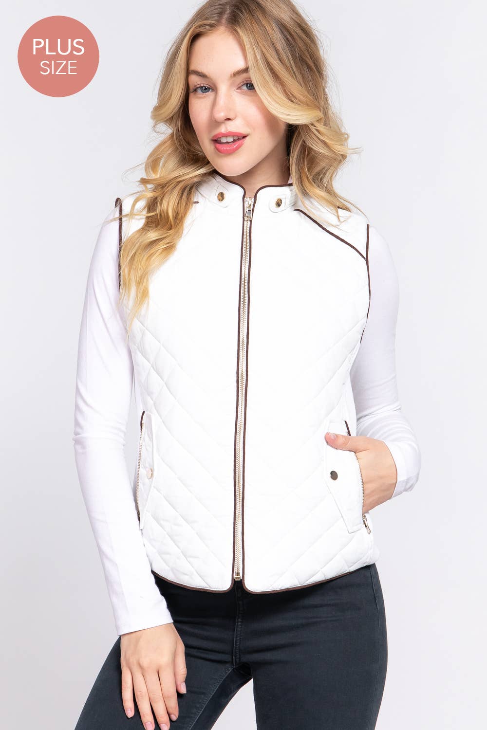 Suede Piping Quilted Padding Vest: WHT-white / 2XL