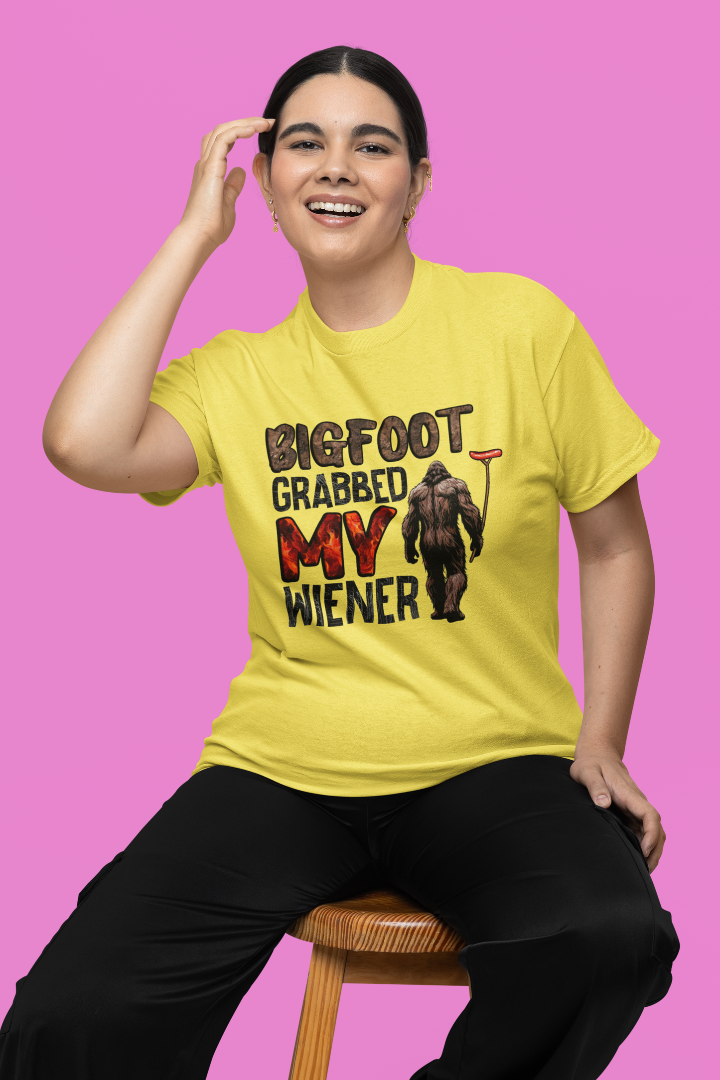 Bigfoot grabbed my wiener t-shirt (yellow): XL