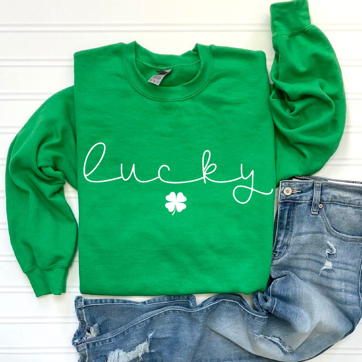 St Patrick lucky sweatshirt st pattys day 4 leaf clover: Olive / M
