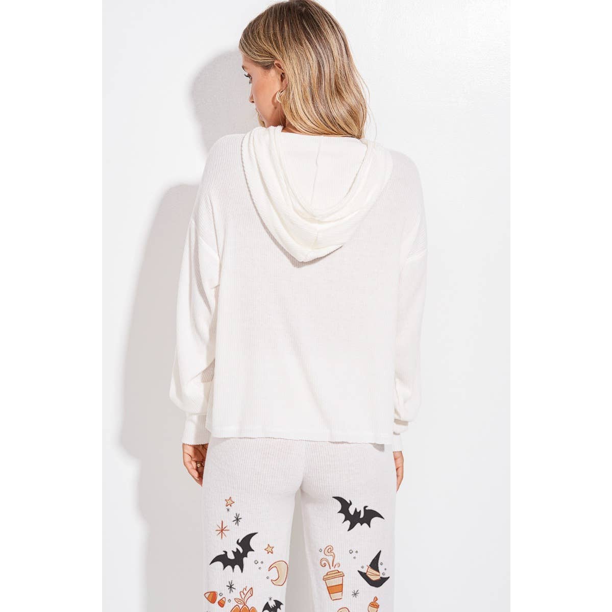 Halloween print rib Hoodie loungewear set p: IVORY / L