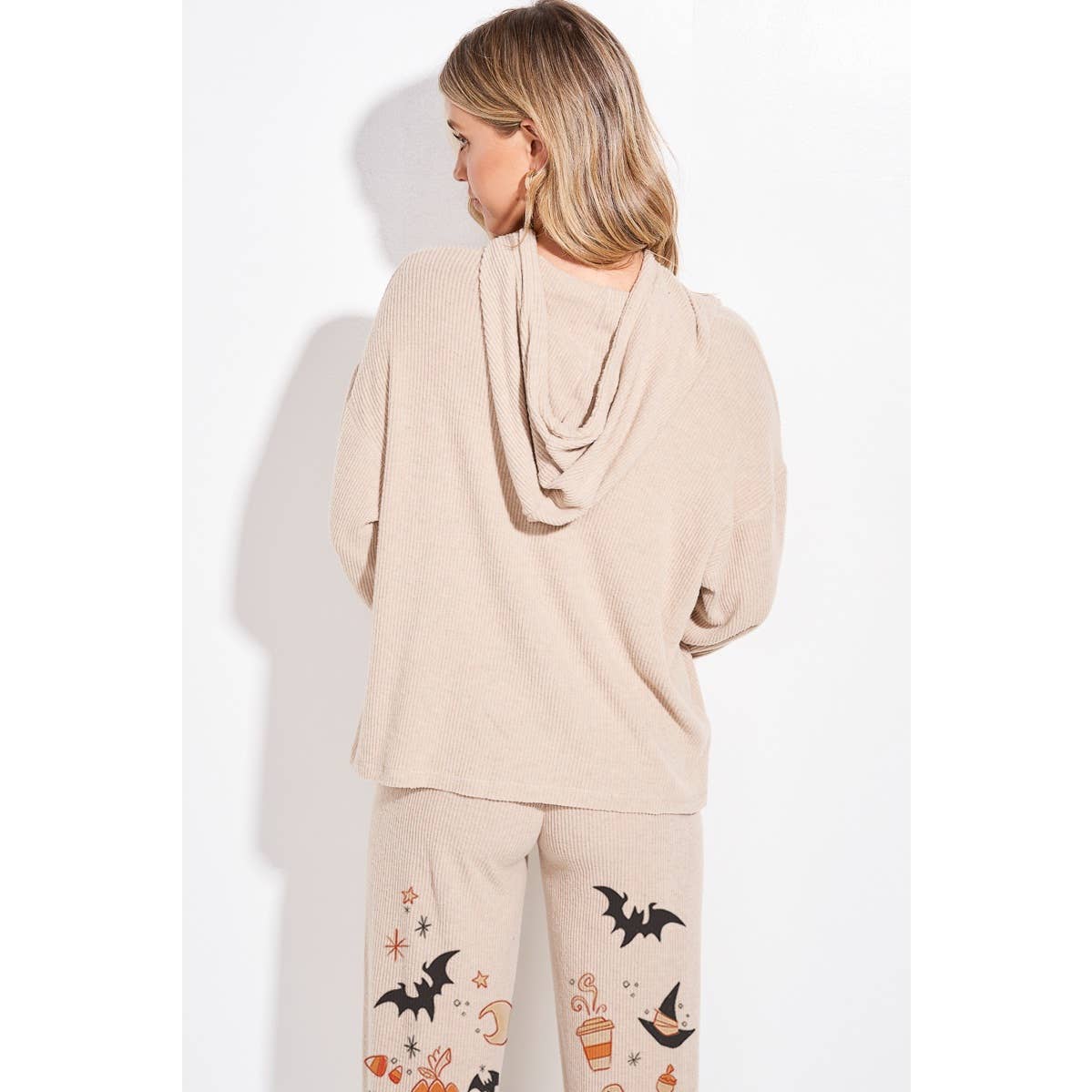 Halloween print rib Hoodie loungewear set p: IVORY / S