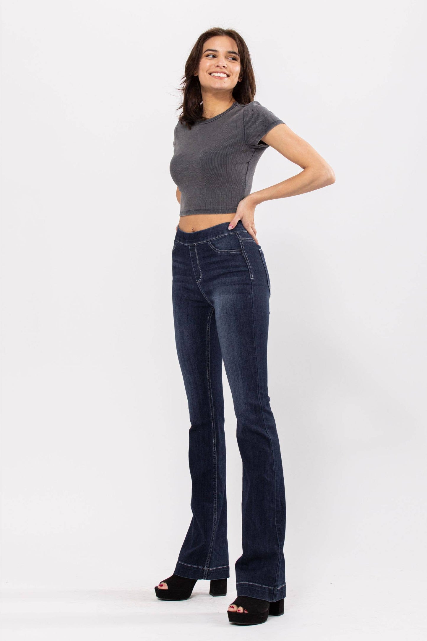 High Rise Dark Pull On Flare Jegging AB37211DK : L