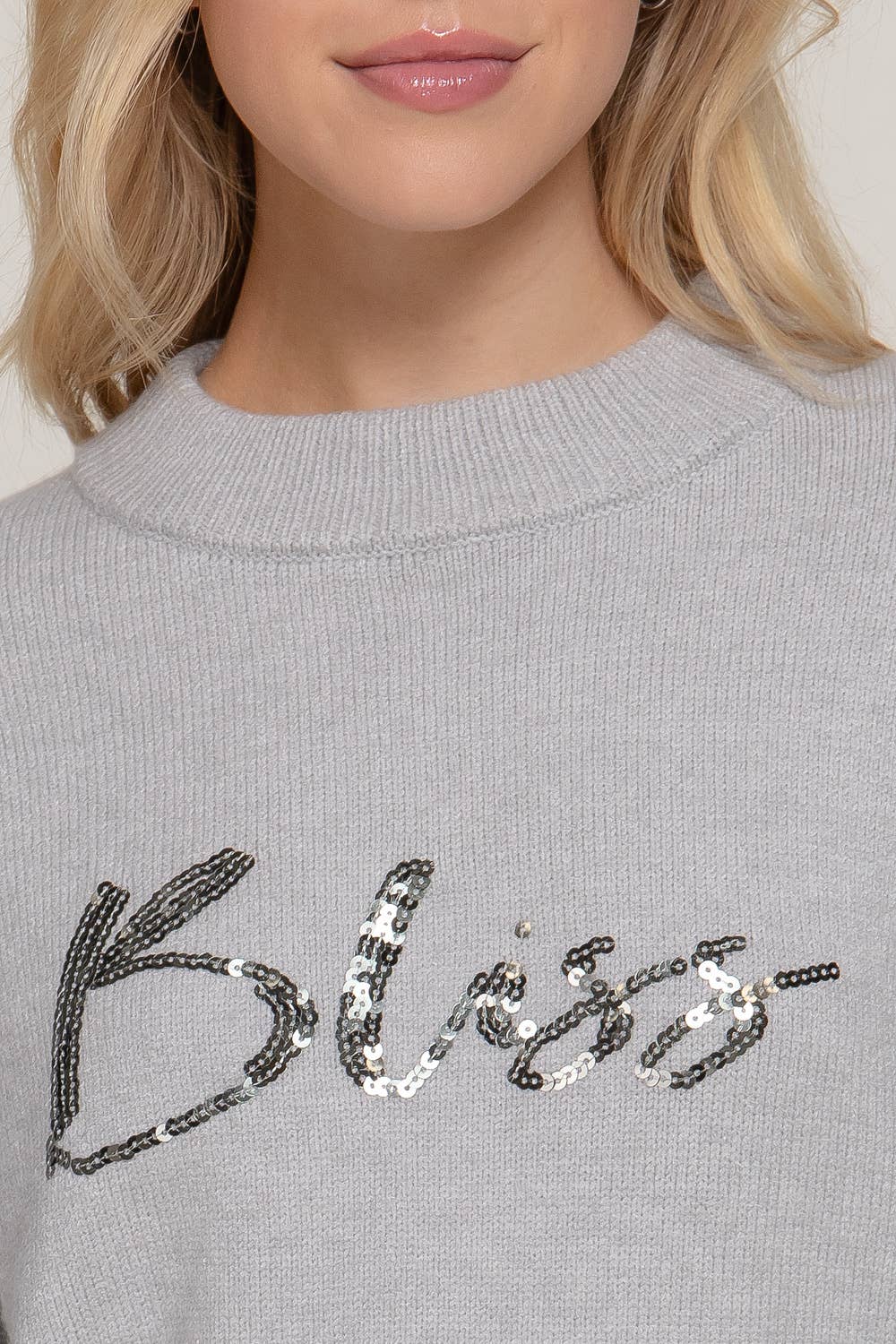 Long Sleeve Mock Neck Sequin Graphic Pullover Sweater: HGY-h grey / M