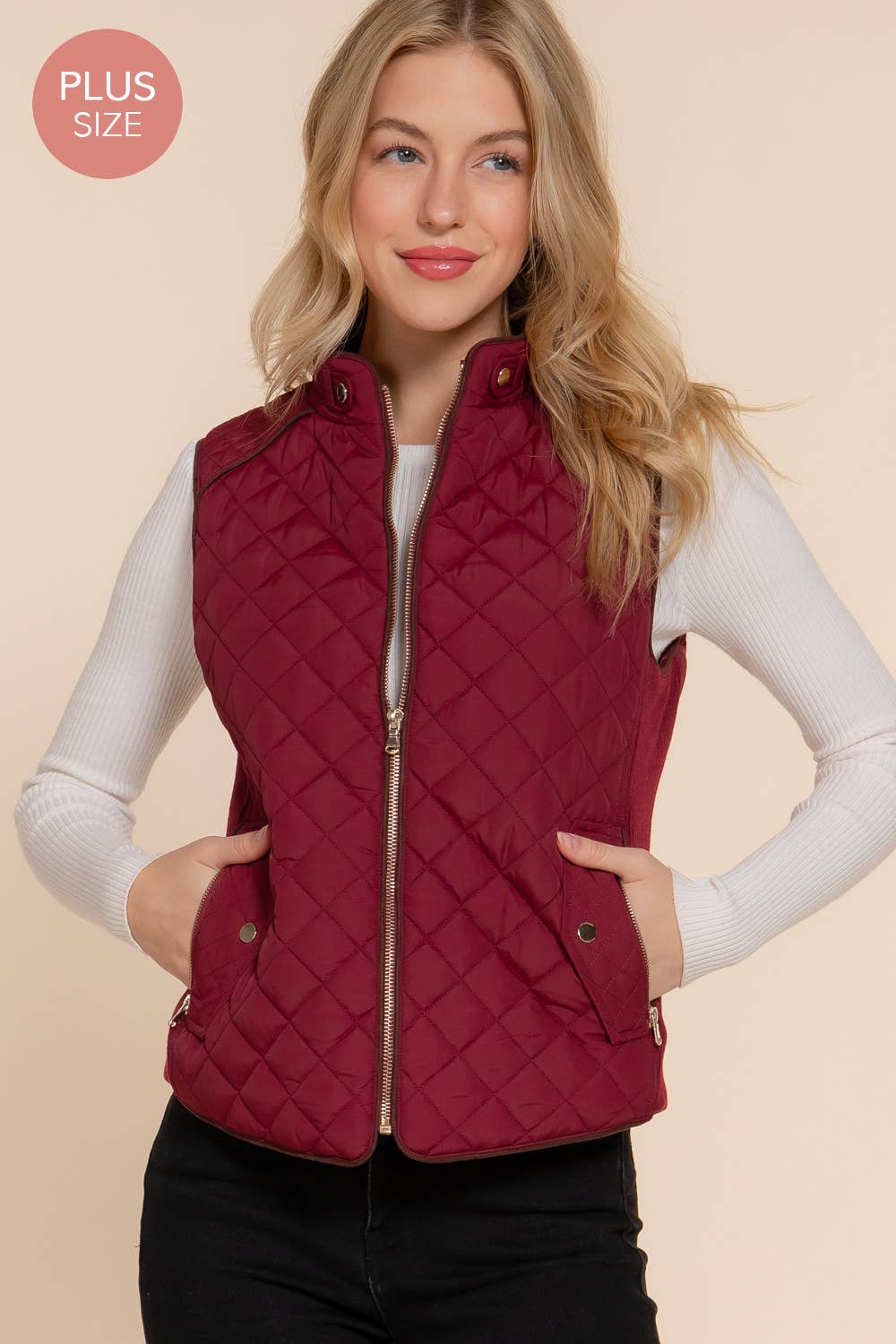 Suede Piping Quilted Padding Vest: KHA-caramel / 1XL
