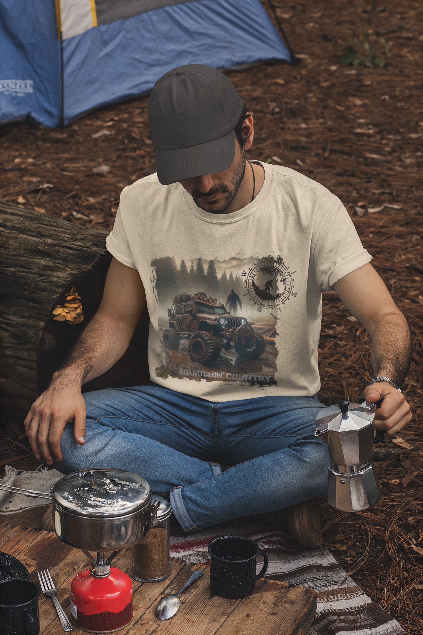 Rustic Bigfoot Jeepin Squatchin' Country t-shirt: Military green / Med / Long sleeve