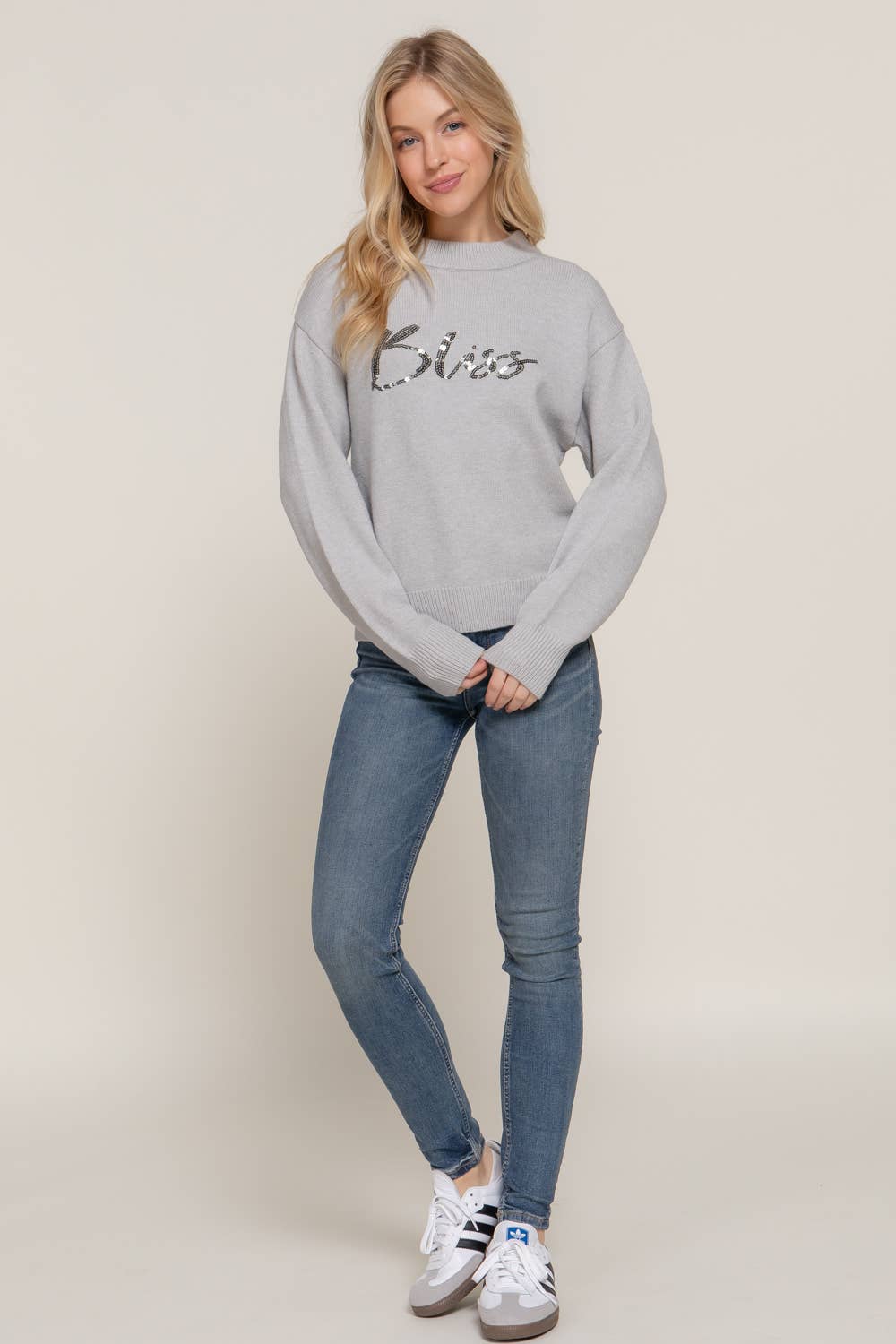 Long Sleeve Mock Neck Sequin Graphic Pullover Sweater: HGY-h grey / S