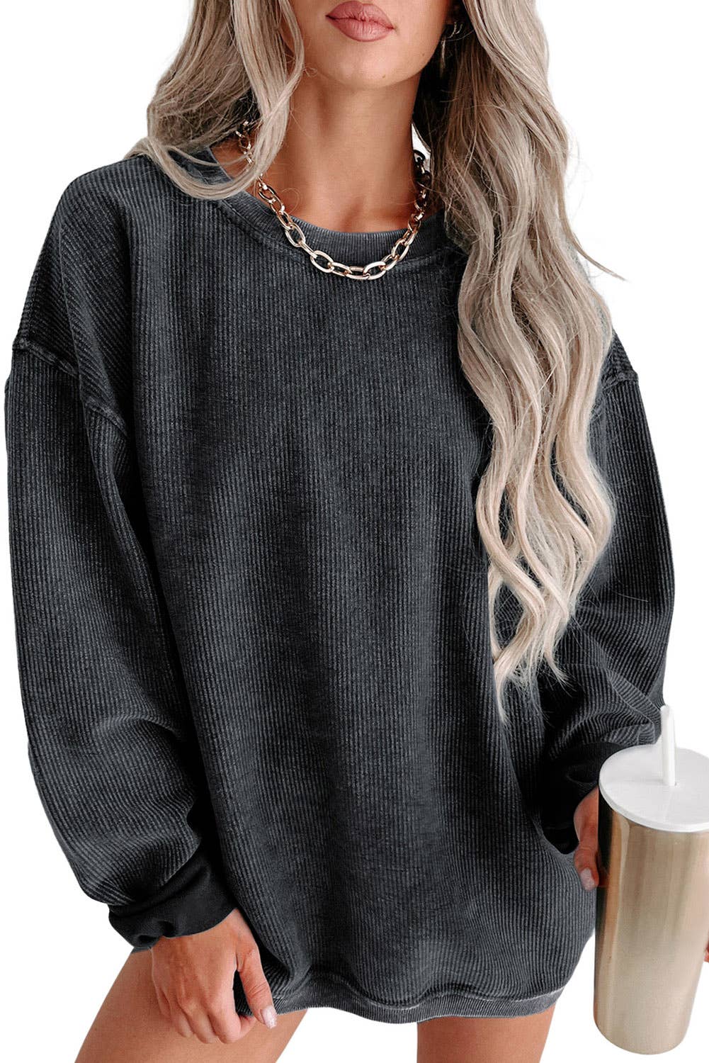 Solid Ribbed Knit Round Neck Pullover Sweatshirt: Black / 100%Polyester / XL