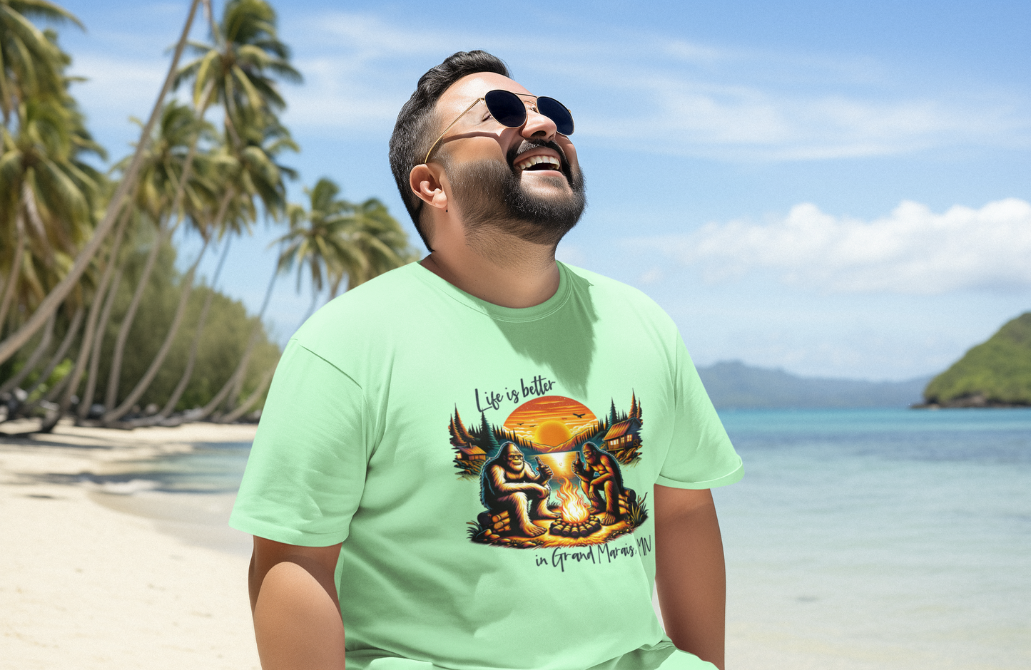 Life is better in...YOUR LOCATION - Bigfoot campfire shirt: Carolina blue / Sm