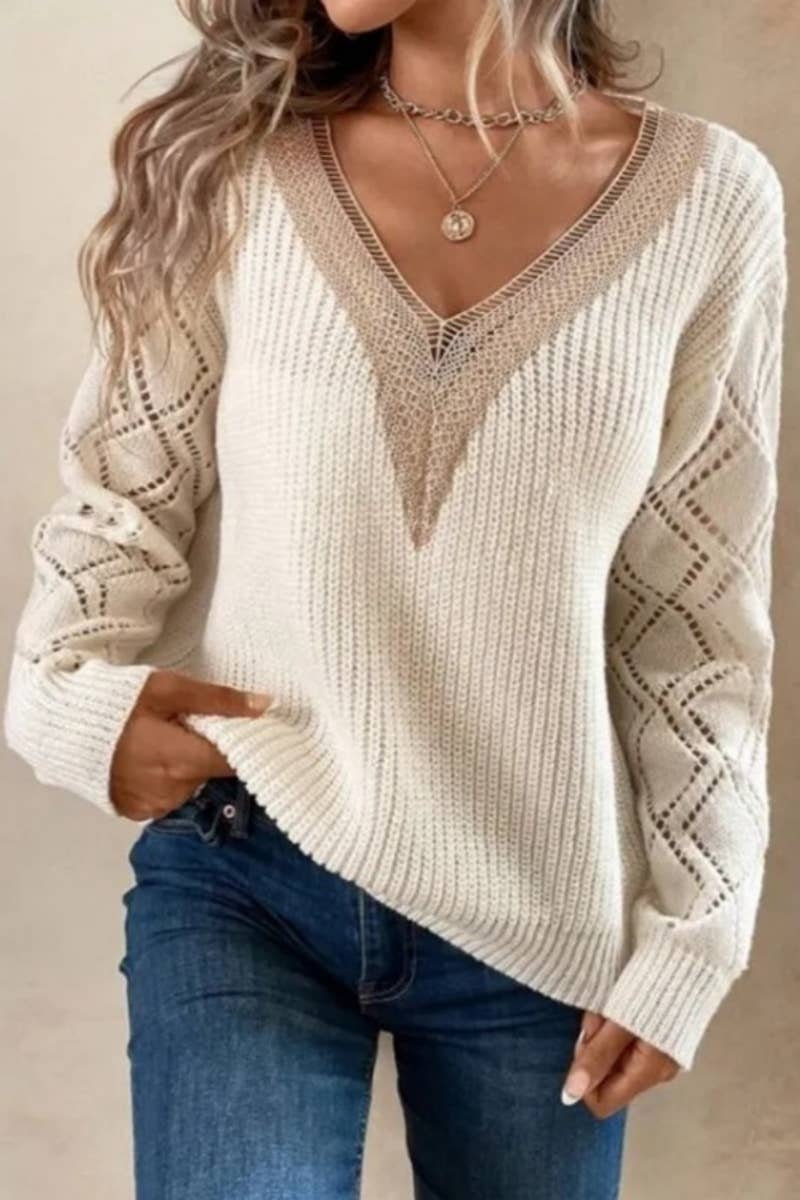 CWOSWL1370_V-Neck Casual Long Sleeve Pullover Sweater: IVORY / (M) 1