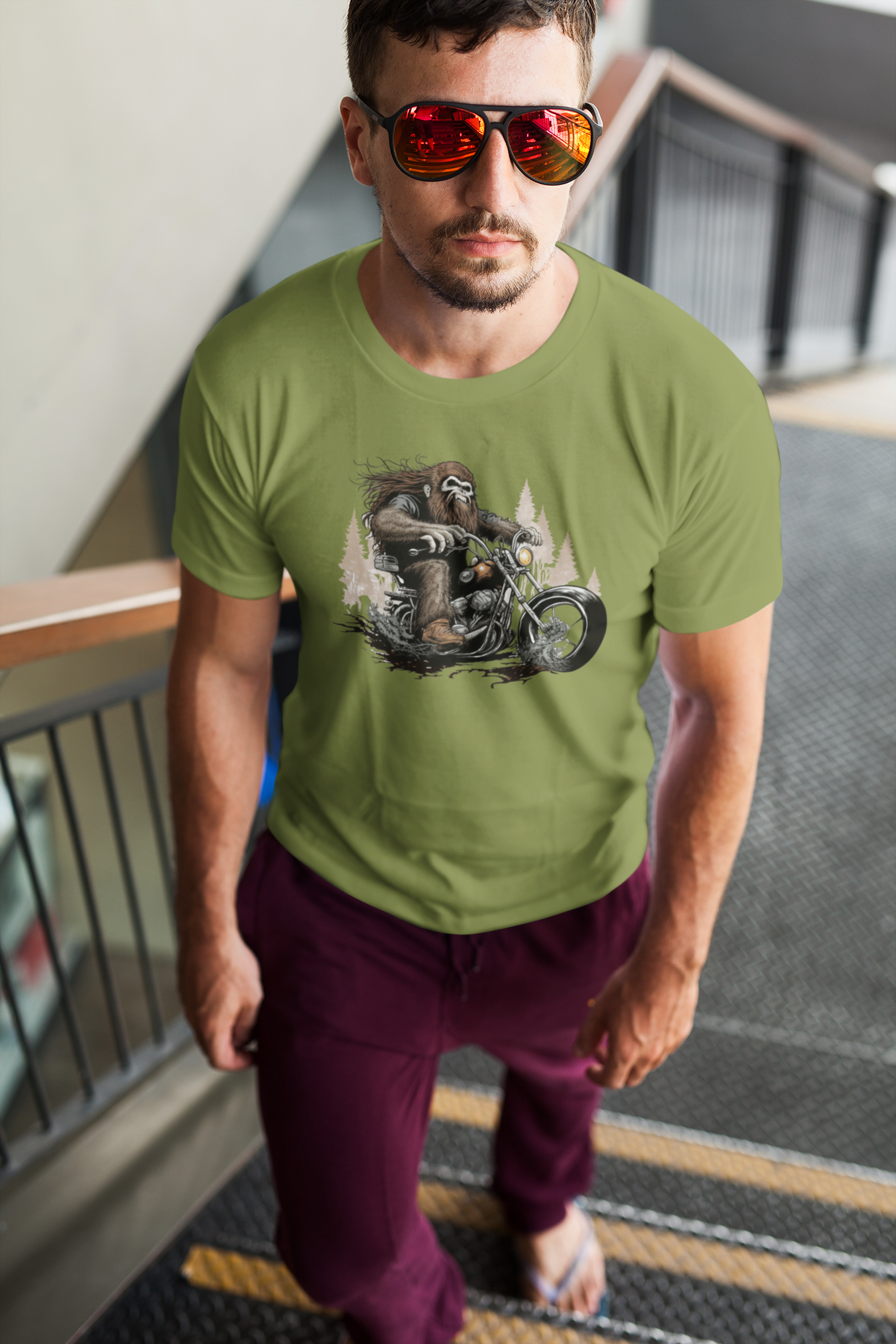 Biker Bigfoot on green t-shirt - Biker Squatch Collection: XL
