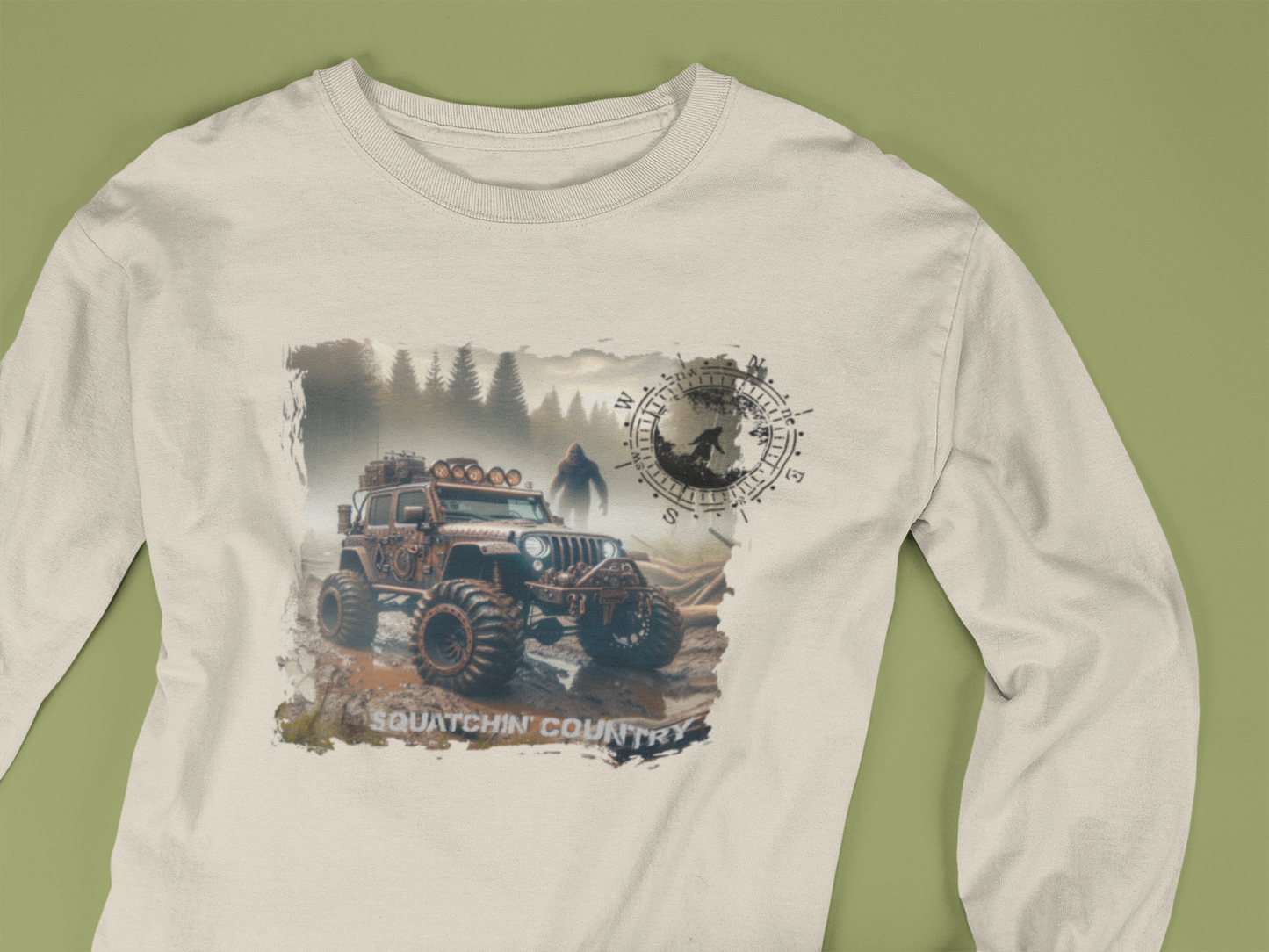 Rustic Bigfoot Jeepin Squatchin' Country t-shirt: Military green / 3X / Long sleeve