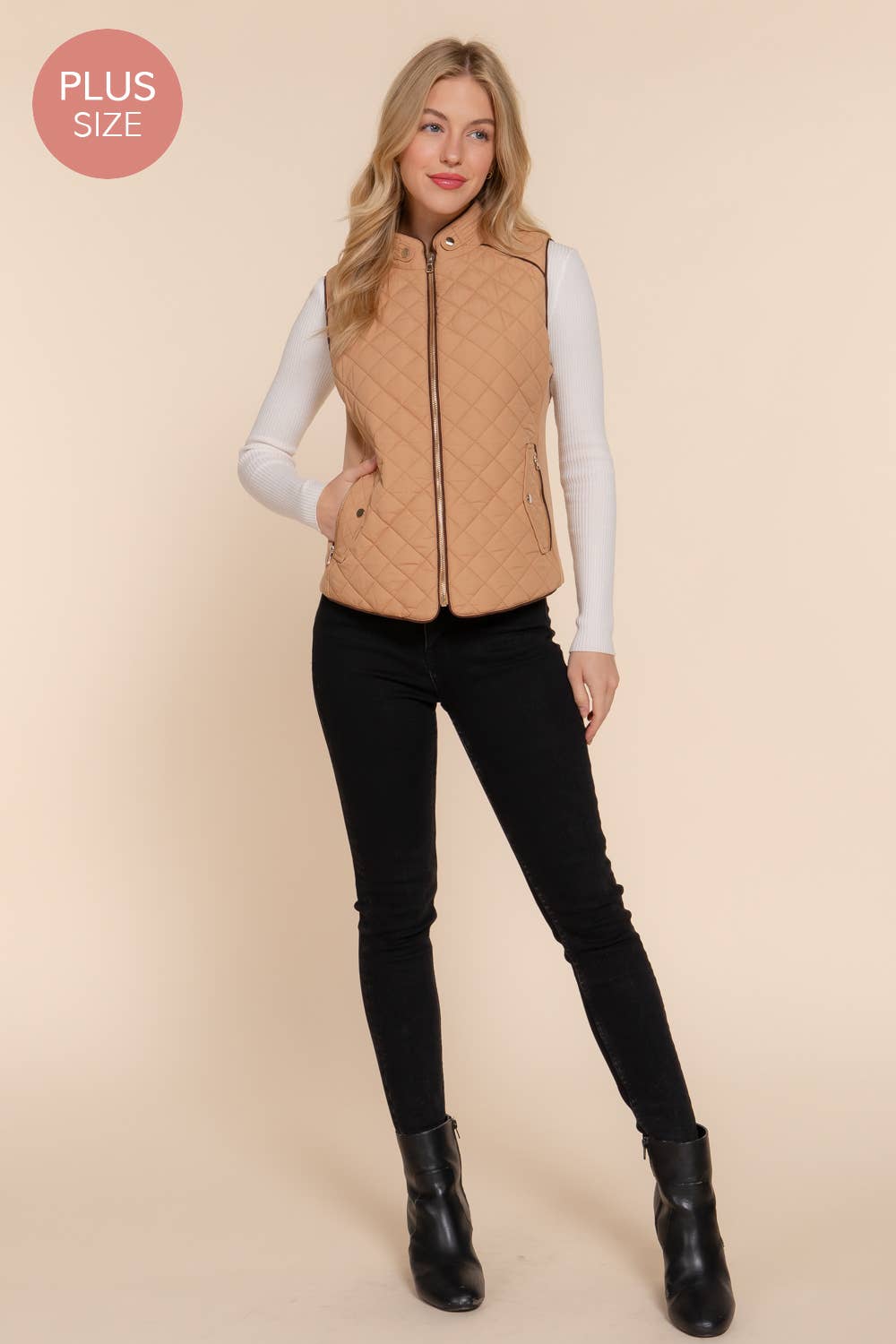 Suede Piping Quilted Padding Vest: WHT-white / 2XL