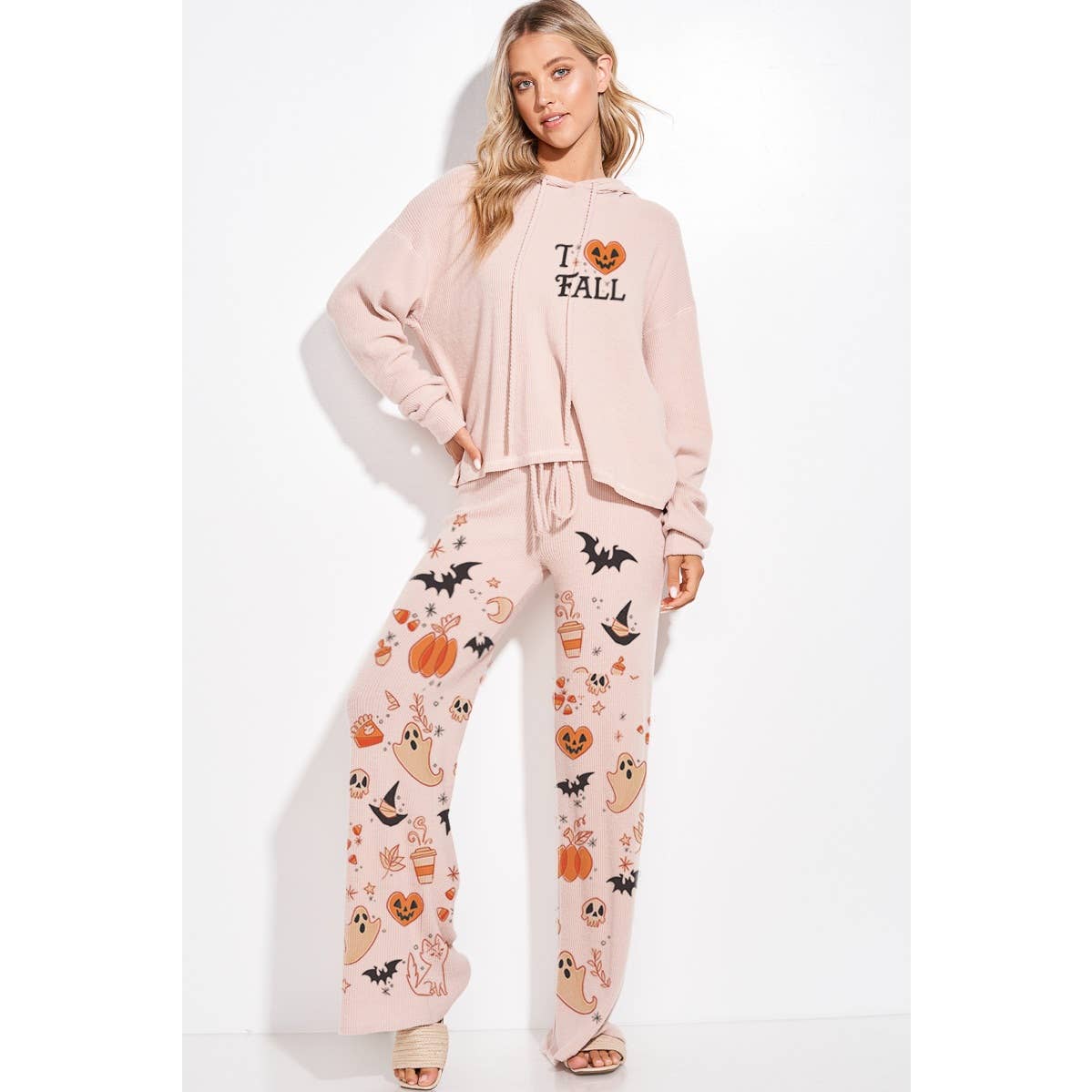 Halloween print rib Hoodie loungewear set p: IVORY / S