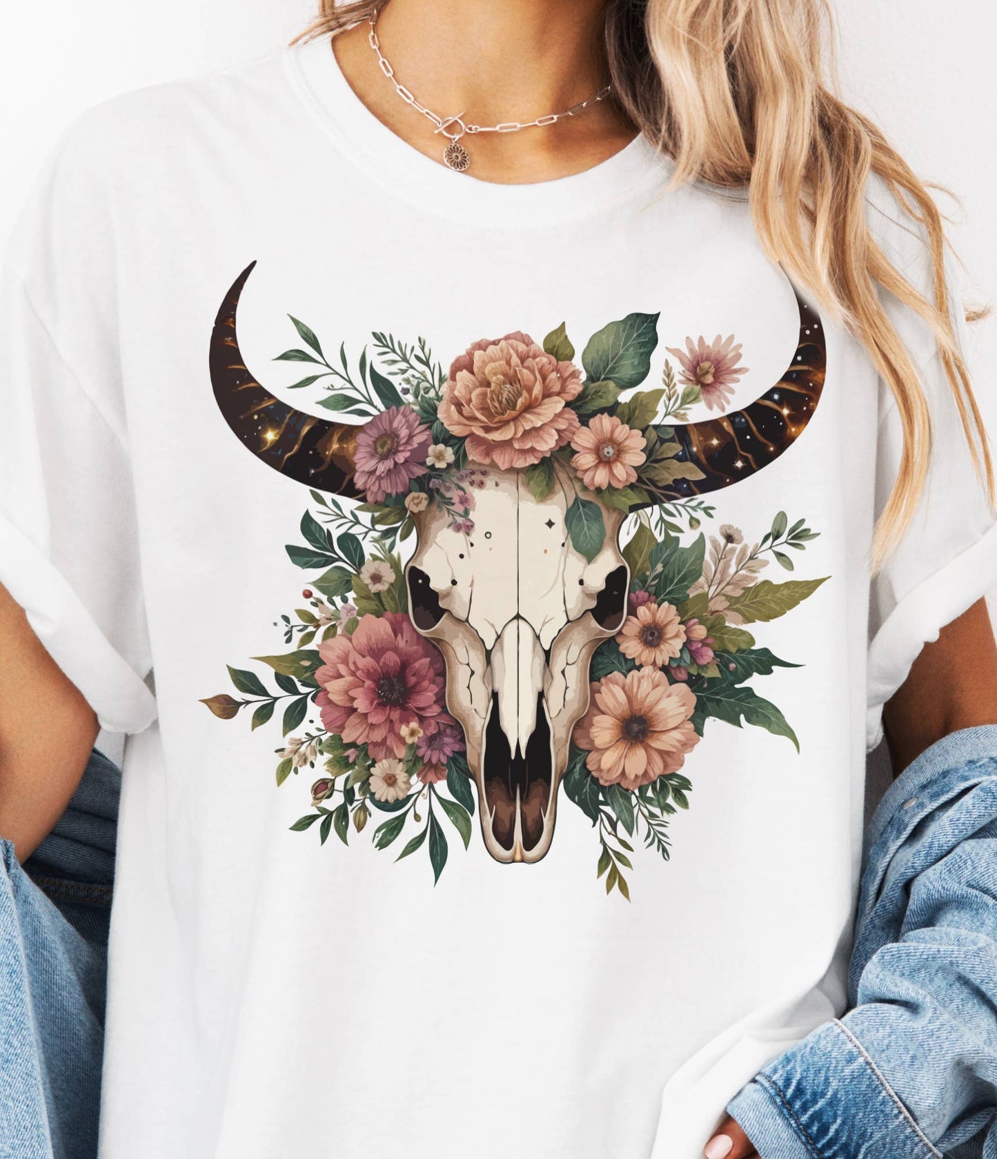 Floral Boho Cow Skull Tee Country Western Cow Skull Tshirt: Peach / Small