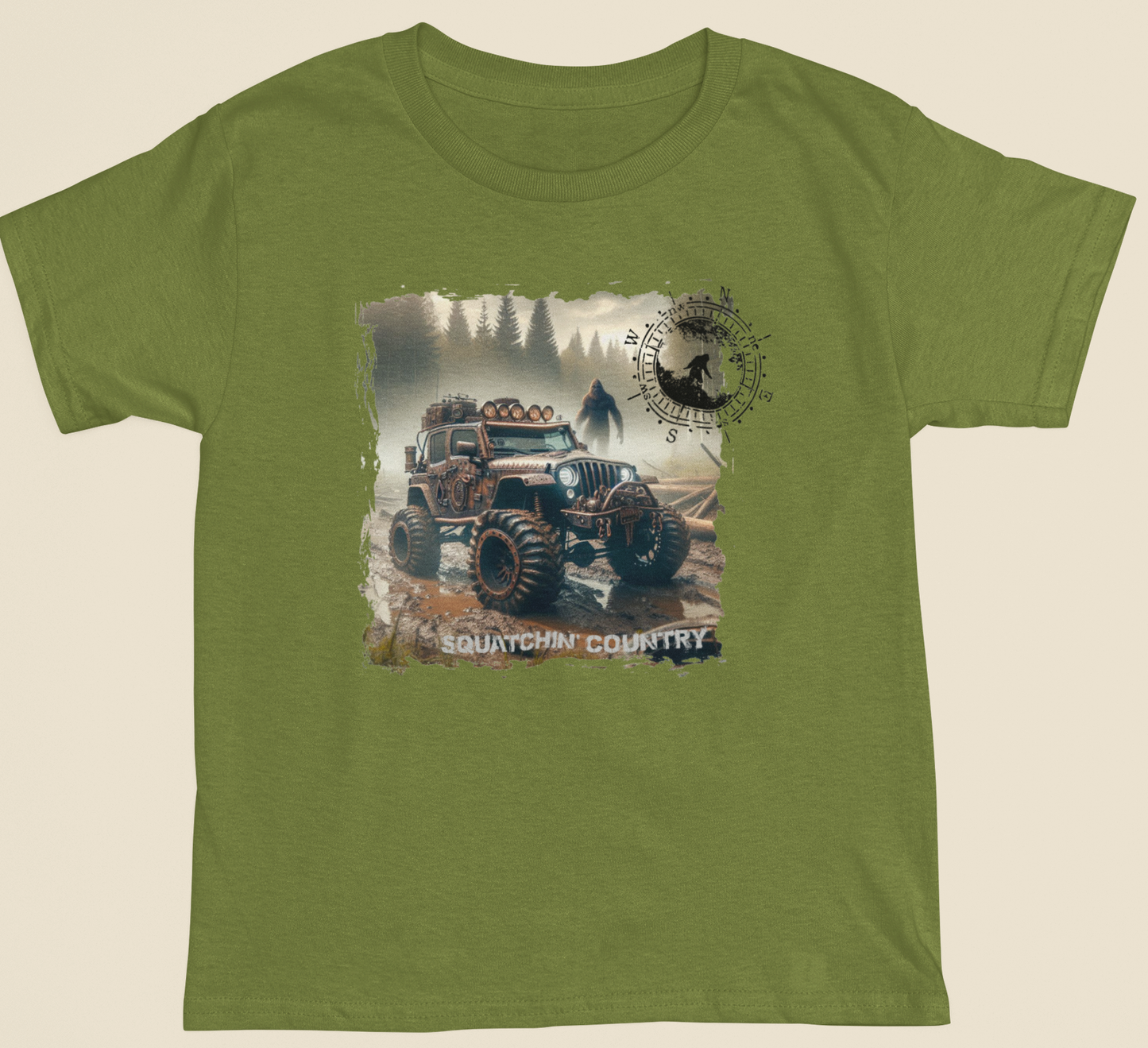 Rustic Bigfoot Jeepin Squatchin' Country t-shirt: Military green / Sm / Long sleeve