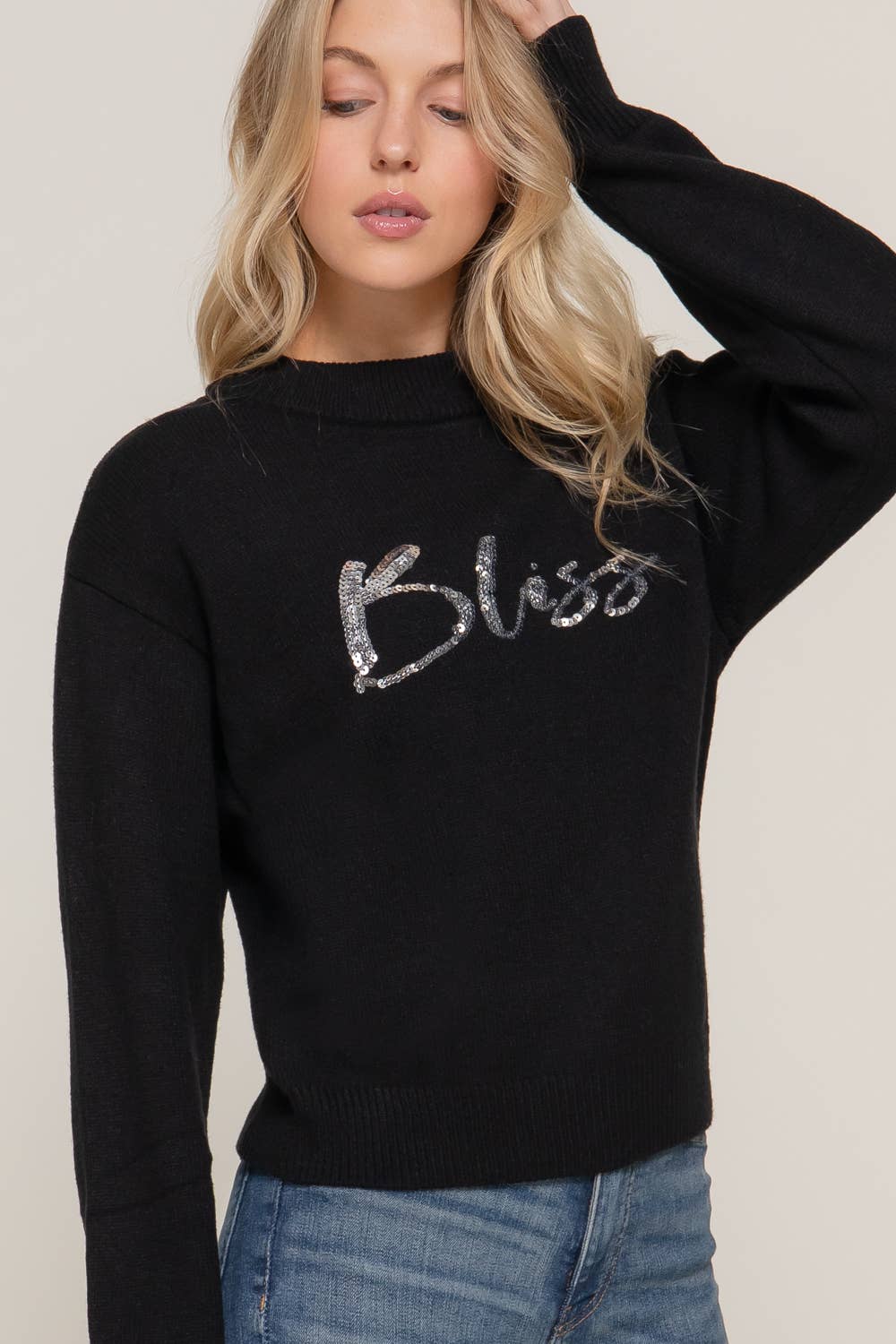 Long Sleeve Mock Neck Sequin Graphic Pullover Sweater: HGY-h grey / S