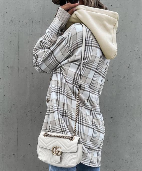 Hooded shacket loose plaid shirt jacket: Gray / M