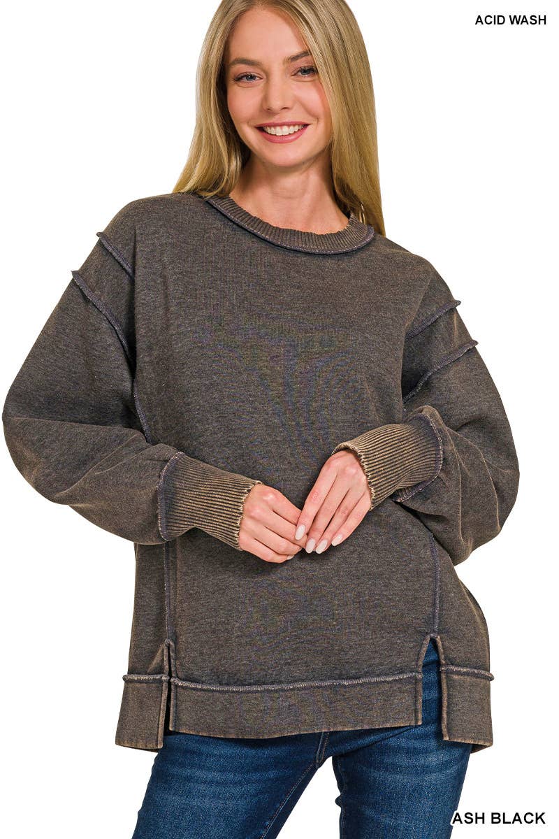 Acid Wash Exposed-seam Fleece Sweatshirt: LT OLIVE / 2-2-2 (S-M-L)