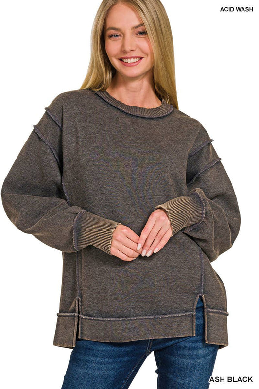 Acid Wash Exposed-seam Fleece Sweatshirt: ASH BLACK / 2-2-2 (S-M-L)