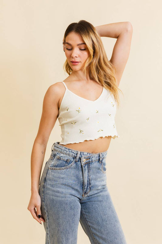 Daisy Embroidered Ribbed Lettuce Edge Brami: Ivory Prepack