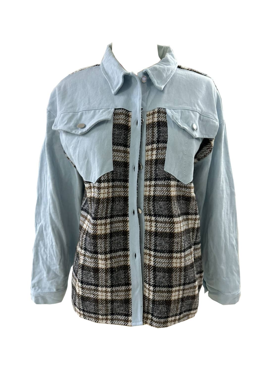 Long-Sleeved Plaid Button-Down Shirt Jacket: Black / S