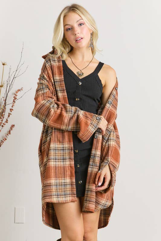 Plus Size Button Down Flannel Shacket: RUST / 2-2-2 (1XL-2XL-3XL)