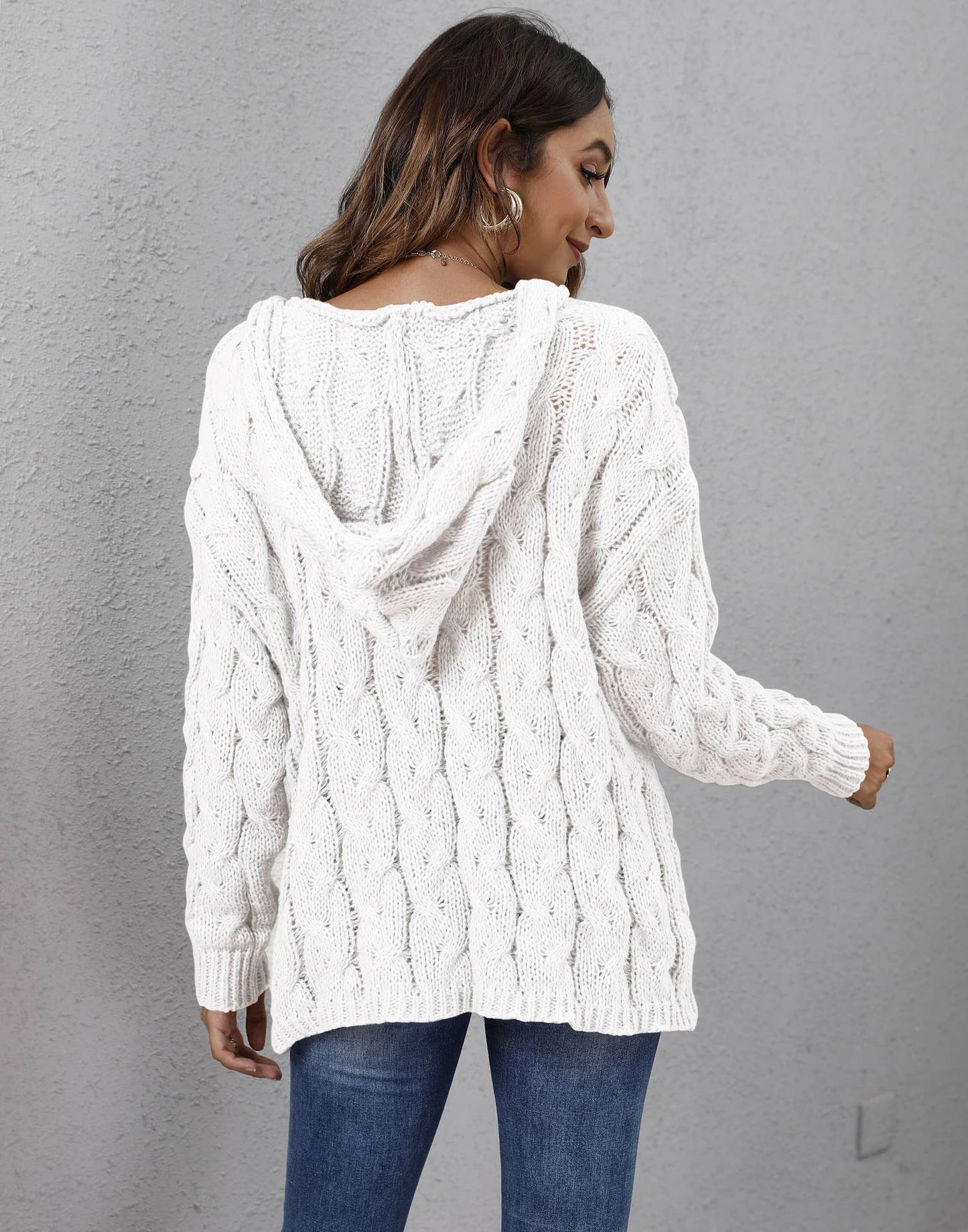 Thick twist knit V-neck hooded pullover sweater: WINE / (L) 1