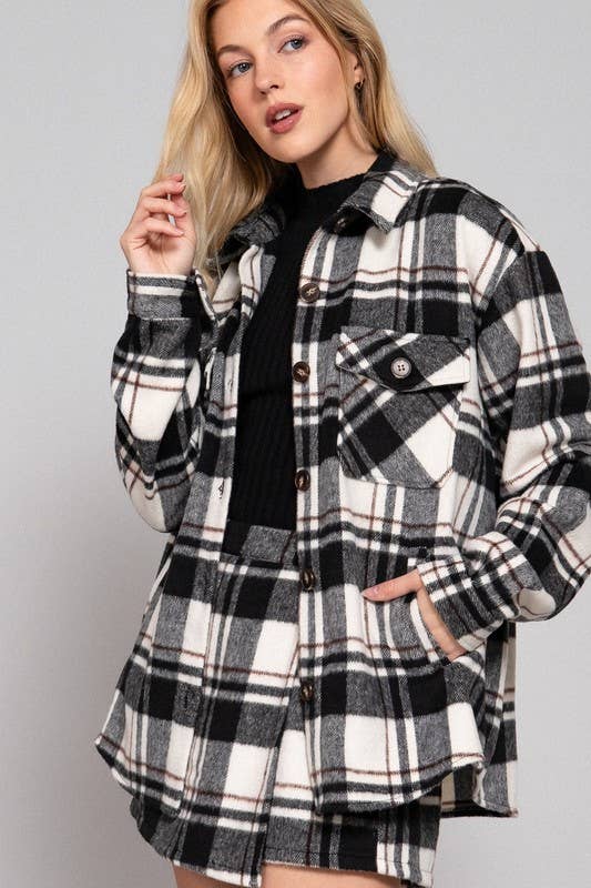 Long Slv Wool Blend Plaid Jacket: PINK/KHAKI / 1-1-1 (S-M-L)