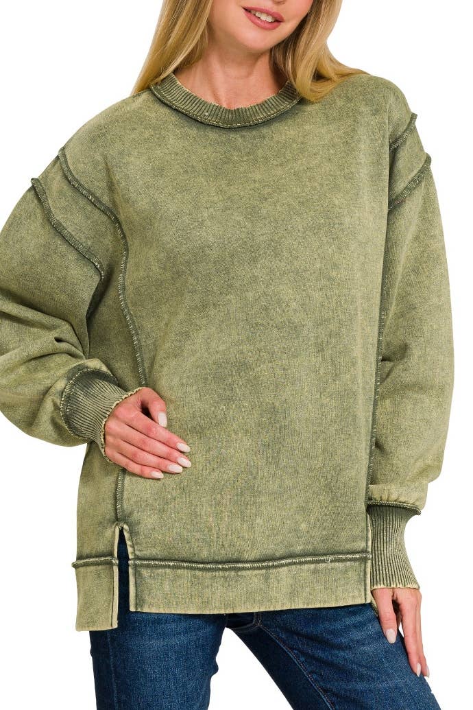 Acid Wash Exposed-seam Fleece Sweatshirt: LT OLIVE / 2-2-2 (S-M-L)