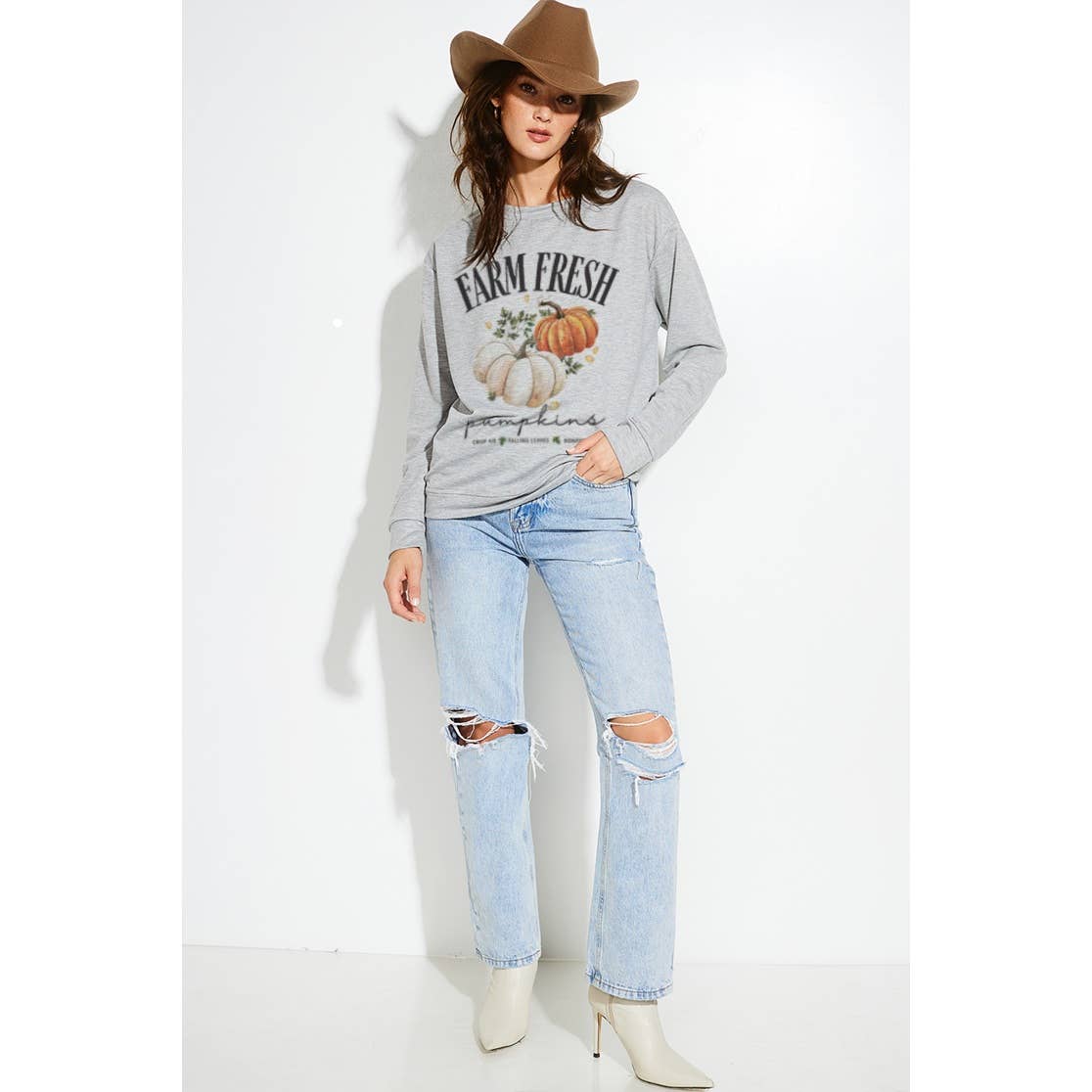 Fall pumpkin print french terry sweatshirt: IVORY / L