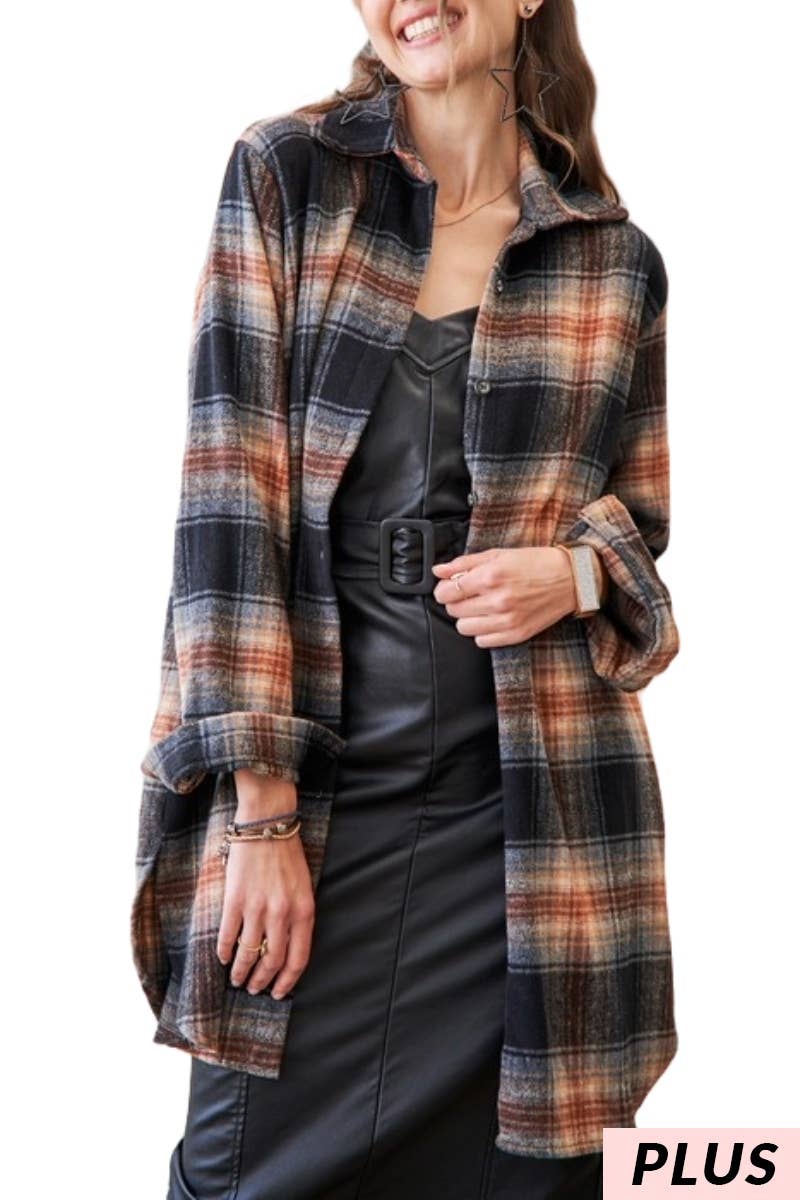 Plus Size Button Down Flannel Shacket: RUST / 2-2-2 (1XL-2XL-3XL)